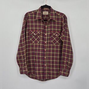 Vintage Campus Shirt Mens Med Brown Red Blue Plaid Flannel Rugged Country 70s